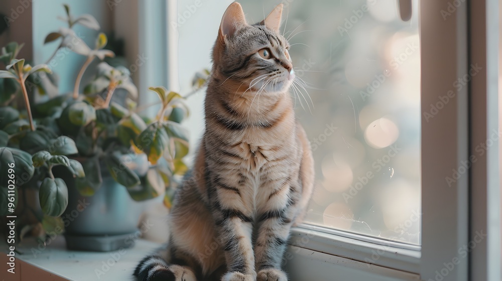 Obraz premium Tabby Cat Looking Out Window