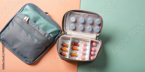 A photo of a pill organizer inside a travel toiletry bag for maintaining supplement routines while traveling