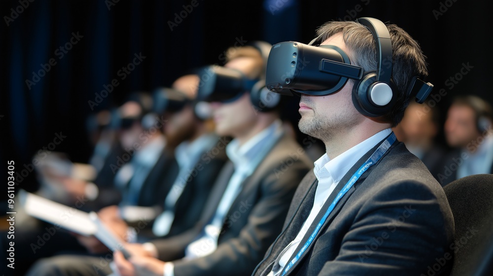 An international business conference held in a virtual reality environment, with participants from around the world.Generative ai illustration. An international business conference held in a virtual reality environment, with participants from around the world.Generative ai illustration.