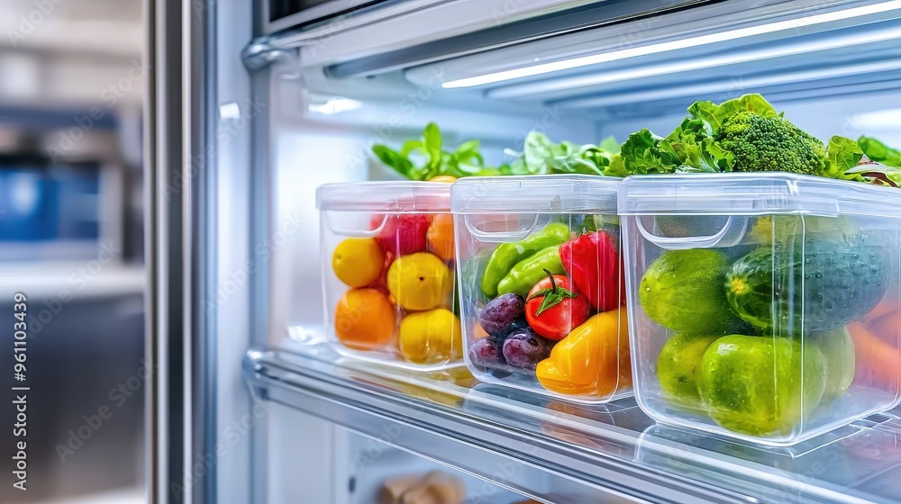 Neatly Arranged Silicone Food Storage Bags in Spotless Fridge Interior, Organized Kitchen Concept Neatly Arranged Silicone Food Storage Bags in Spotless Fridge Interior, Organized Kitchen Concept