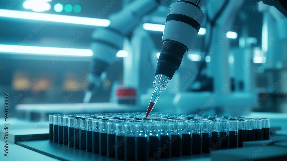 Close-up of advanced pipetting robots handling genetic samples in a biotechnology lab. Generative ai illustration. Close-up of advanced pipetting robots handling genetic samples in a biotechnology lab. Generative ai illustration.
