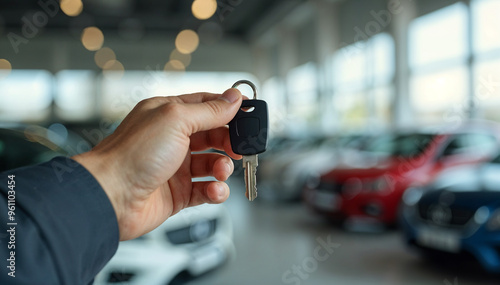 Vehicle key held by hand, dealership in background - Car buying or financing process. photo