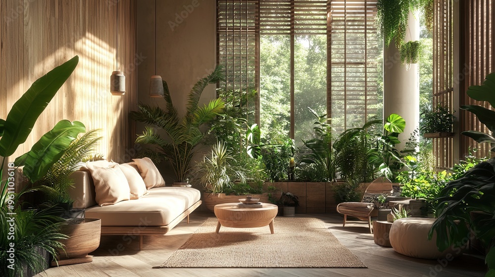 Transform Your Space with a Biophilic Living Room Interior: Embrace Nature with Large Indoor Plants, Wooden Walls, and Soft Brown Tones - Perfect as a Poster for Sports or Relaxation Areas! Transform Your Space with a Biophilic Living Room Interior: Embrace Nature with Large Indoor Plants, Wooden Walls, and Soft Brown Tones - Perfect as a Poster for Sports or Relaxation Areas!