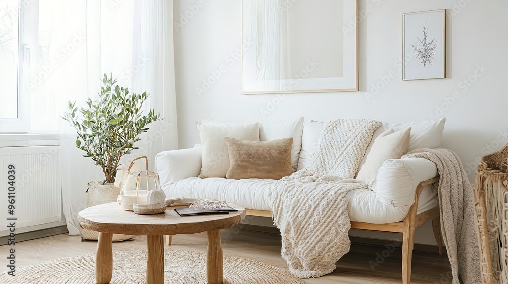 Fototapeta premium Scandinavian-Style Living Room Poster: Embrace Cozy Textiles, Wooden Flooring, and Bright White Walls for a Stunning Home Decor Accent