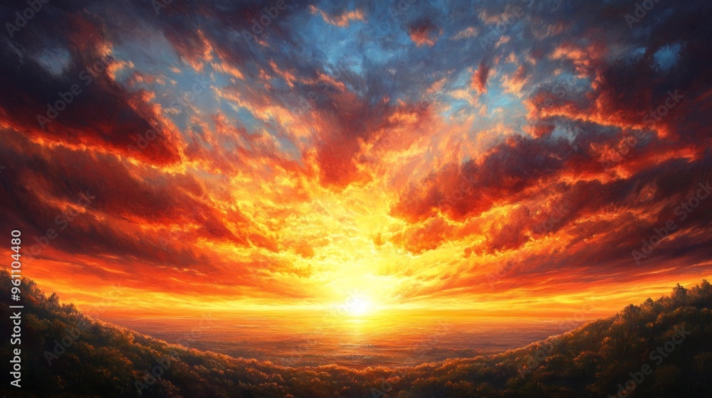 Fototapeta premium Fiery Sunset Over a Distant Horizon