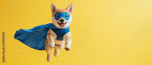 Superhero Shiba Inu. Flying Puppy in Blue Cloak and Mask photo