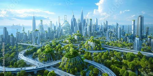 A futuristic cityscape with skyscrapers, high-tech cars and smart roads on the highwa photo