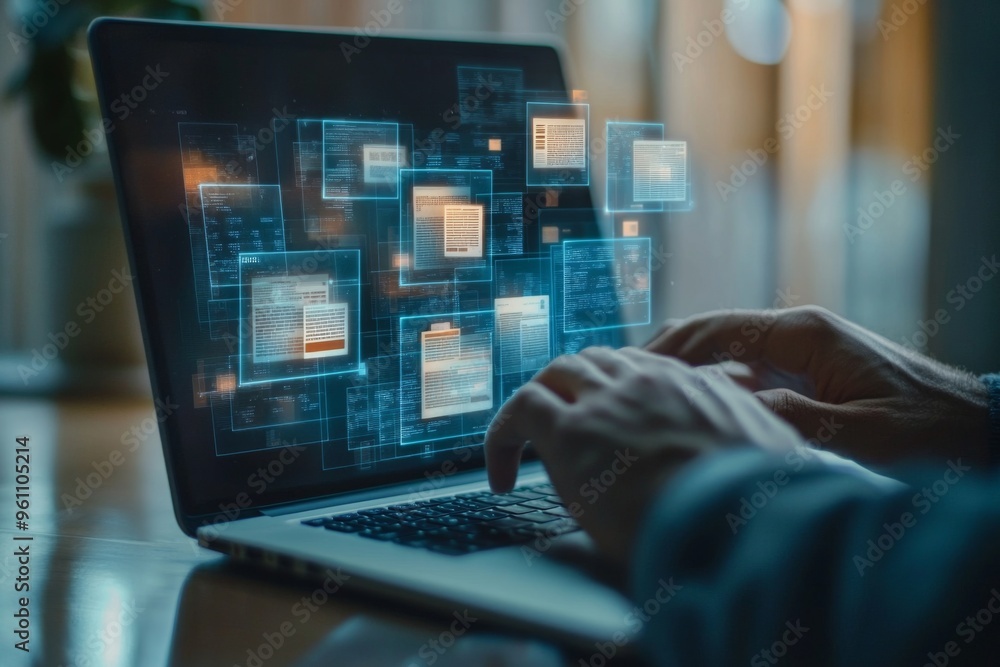A man using a laptop with a digital document management system interface and documents icon on a transparent screen, representing the concept of business process integration. A man using a laptop with a digital document management system interface and documents icon on a transparent screen, representing the concept of business process integration.