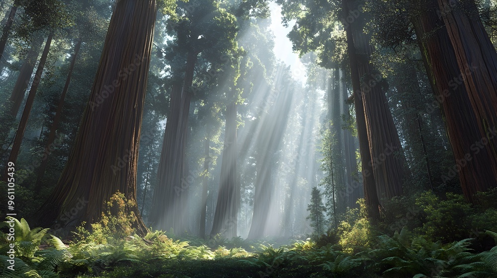 Towering Redwood Forest Majestic Ancients Reaching Skyward in Lush Tranquil Wilderness Towering Redwood Forest Majestic Ancients Reaching Skyward in Lush Tranquil Wilderness
