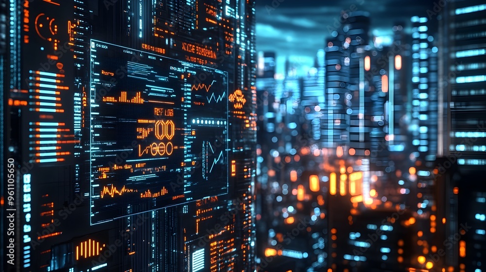 Obraz premium Strategic Business Analysis in Cyberpunk Inspired 3D Digital Cityscape