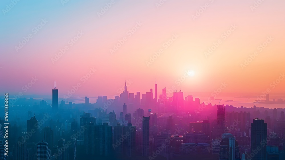 Fototapeta premium Cityscape at Sunset with Pink and Blue Hues