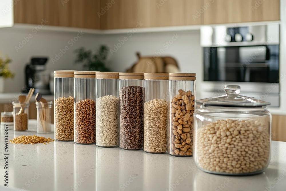A modern kitchen display featuring jars of various grains and nuts for storage and organization. A modern kitchen display featuring jars of various grains and nuts for storage and organization.