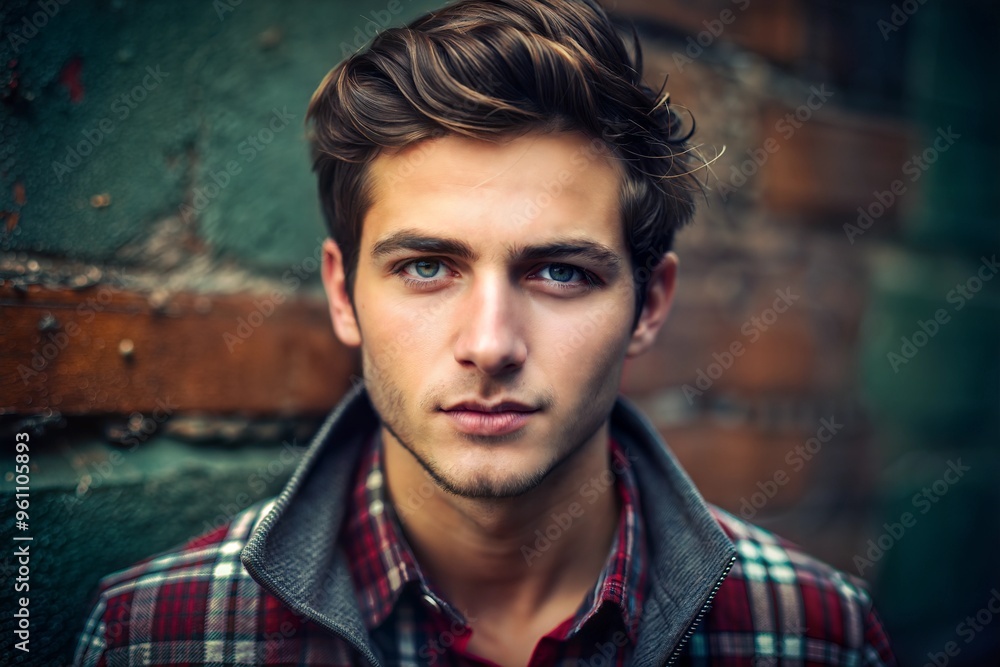 Fototapeta premium Serious portrait of young man in plaid shirt