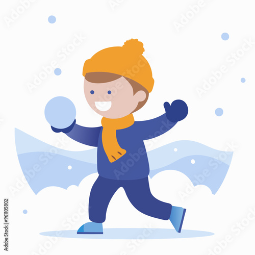 Boy Playing with Snowball in Winter Landscape
