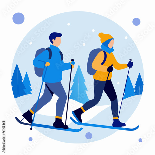 Couple Hiking on Snowy Trail with Backpacks
