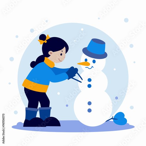 Girl Building Snowman in Winter Scene
