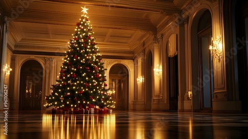 Wallpaper Mural A majestic Christmas tree glowing with lights and festive decorations in a spacious room, with a large area of empty space Torontodigital.ca