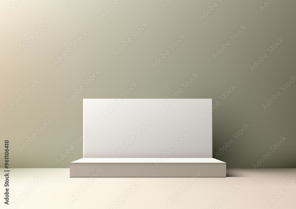 Minimalist 3D White Podium with Blank Panel Backdrop on Neutral Green Background Ideal for Product Display and Mockup Showcase Minimalist 3D White Podium with Blank Panel Backdrop on Neutral Green Background Ideal for Product Display and Mockup Showcase