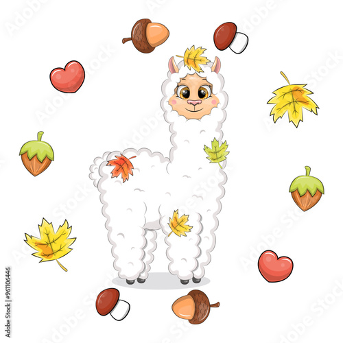 Cute cartoon llama with fallen leaves in autumn frame. Vector illustration of an animal with hearts, nuts, acorns, mushrooms, leaves on a white background.