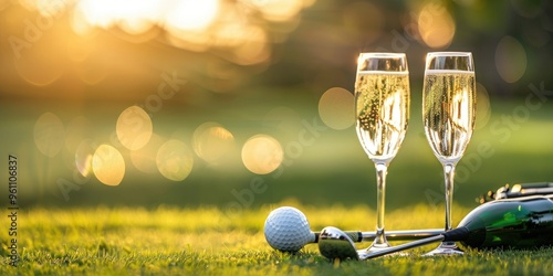 Champagne glasses resting on the ground alongside out-of-focus golf clubs on vibrant green grass, reflecting the conclusion of a triumphant day on the links. photo