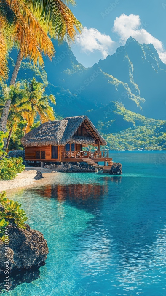 Fototapeta premium Luxurious bungalow overlooking tranquil turquoise lagoon in tropical paradise