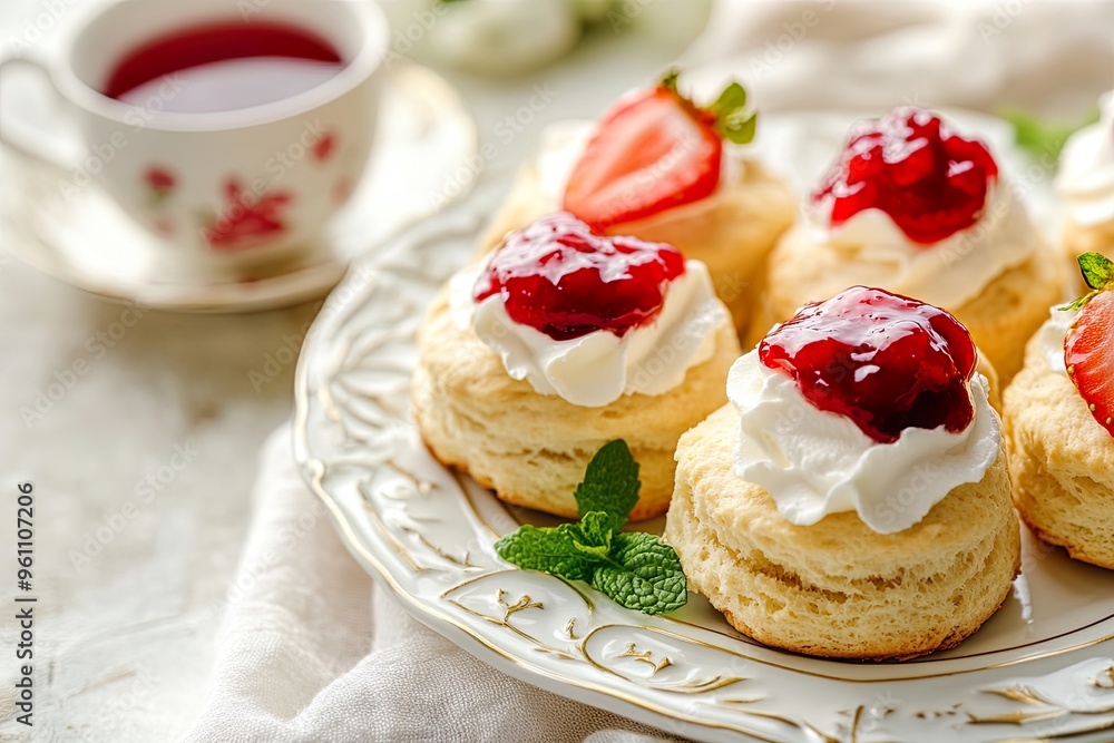 A plate of scones topped with cream, strawberries, and jelly, served with tea. A plate of scones topped with cream, strawberries, and jelly, served with tea.