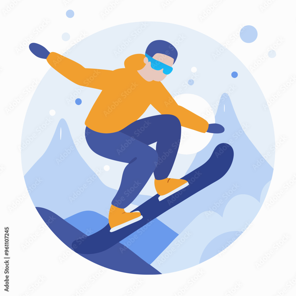 Man snowboarding on snowy mountain in flat vector illustration