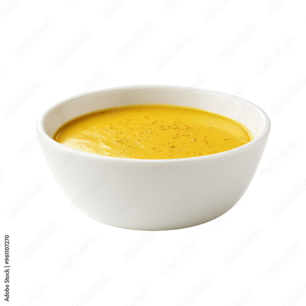 Delicious creamy yellow soup in a white bowl on black background Delicious creamy yellow soup in a white bowl on black background