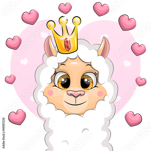 Cute cartoon llama head with a crown. Vector illustration of animal on pink background with hearts.