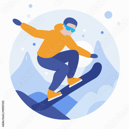 Man snowboarding on snowy mountain in flat vector illustration