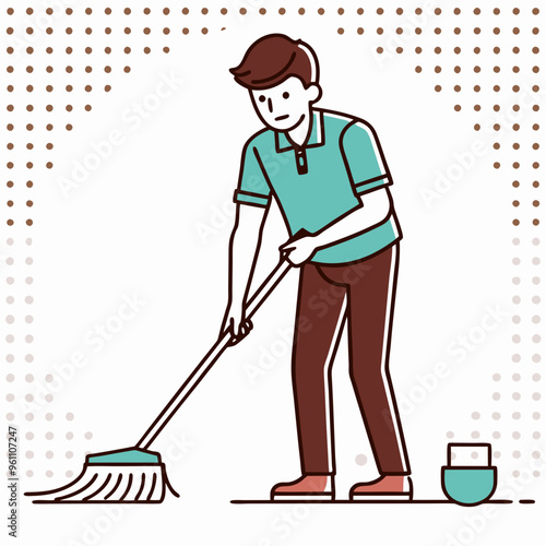 Man mopping floor in flat vector illustration