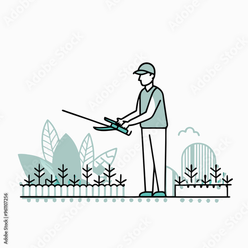 Man trimming garden bushes in flat vector illustration