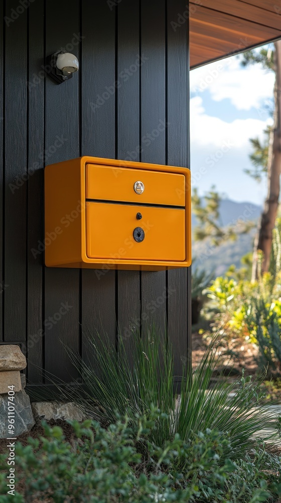Yellow mailbox standing in front of a modern house with palm trees Yellow mailbox standing in front of a modern house with palm trees