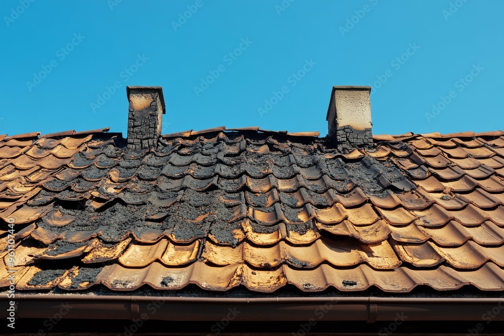 Photograph of a roof with burnt tiles after a fire, against a blue sky background, showing a single house with no people visible. Generative AI Photograph of a roof with burnt tiles after a fire, against a blue sky background, showing a single house with no people visible. Generative AI