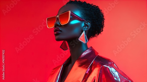 Futuristic Fashion Statement: Vibrant Red Jacket with Silver Accents & Oversized Sunglasses - Perfect for Sporty Interior Posters!