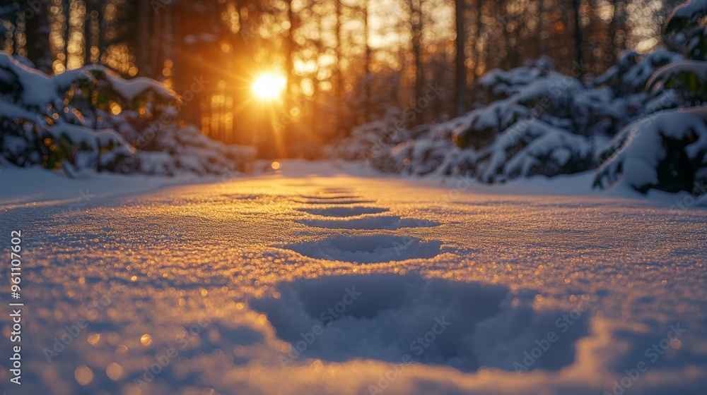 A snowy forest path, with fresh footprints in the snow and a serene ambiance sunset in winter A snowy forest path, with fresh footprints in the snow and a serene ambiance sunset in winter