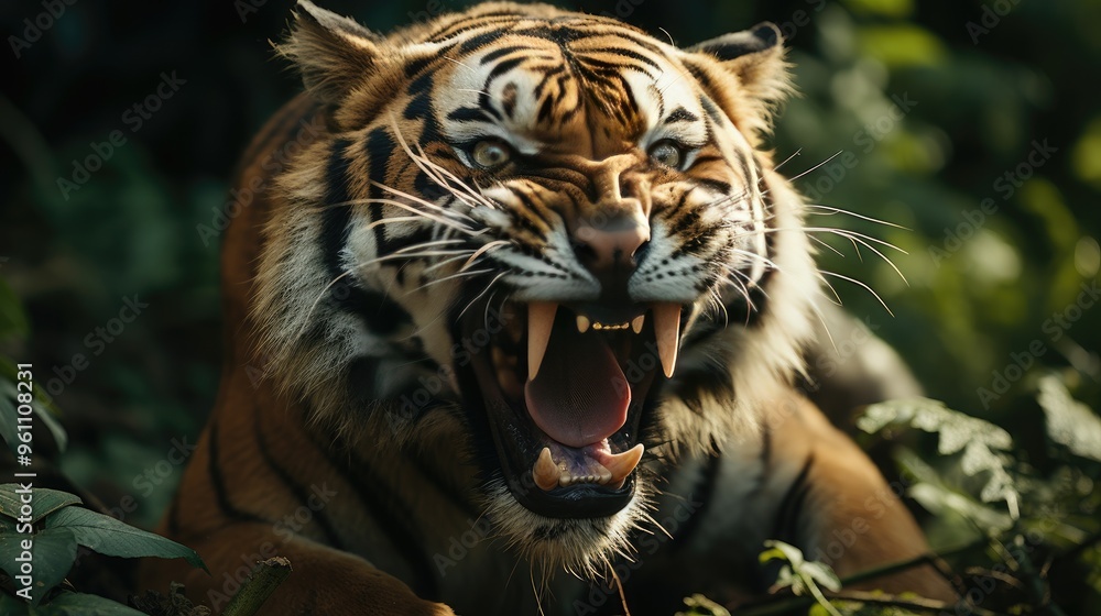 Fototapeta premium view of ferocious wild tiger in nature photo