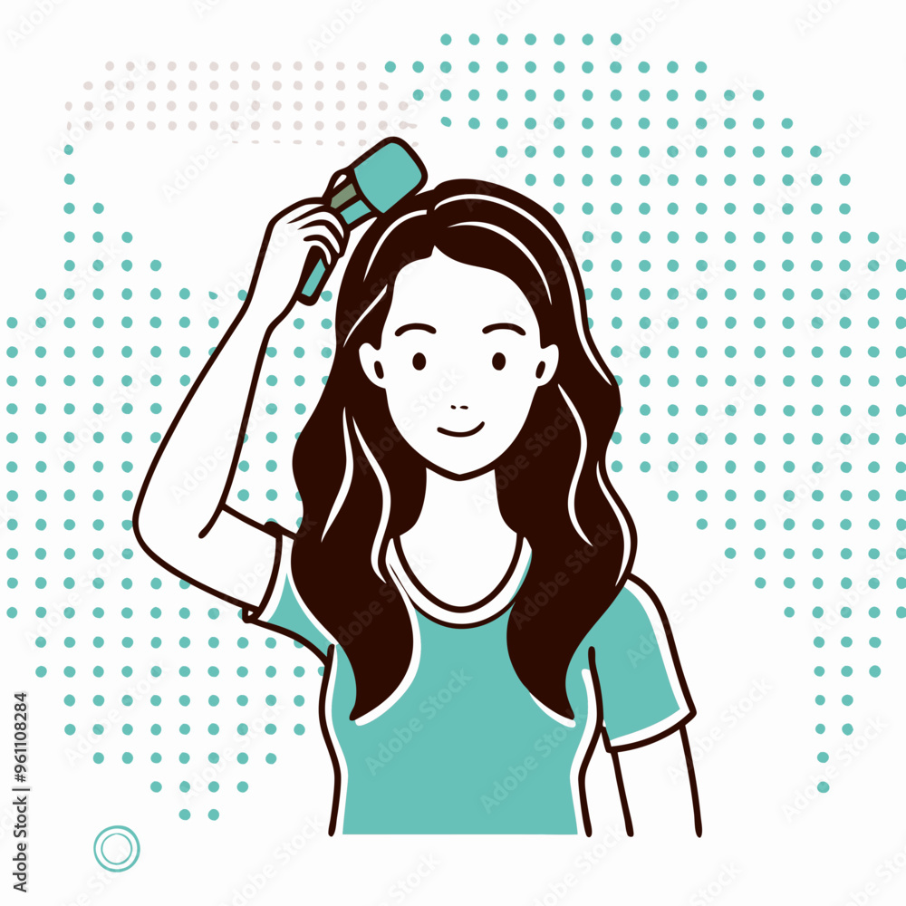 Woman brushing hair in flat vector illustration Woman brushing hair in flat vector illustration