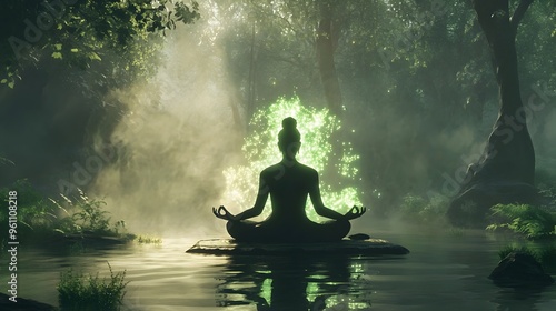 Serene Meditation in Tranquil Forest Sanctuary Glowing Aura and Rhythmic Breathing in Dreamlike