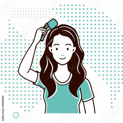 Woman brushing hair in flat vector illustration