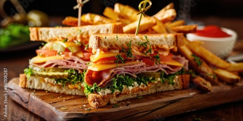 Gourmet Club Sandwich Accompanied by Crunchy Potato Wedges