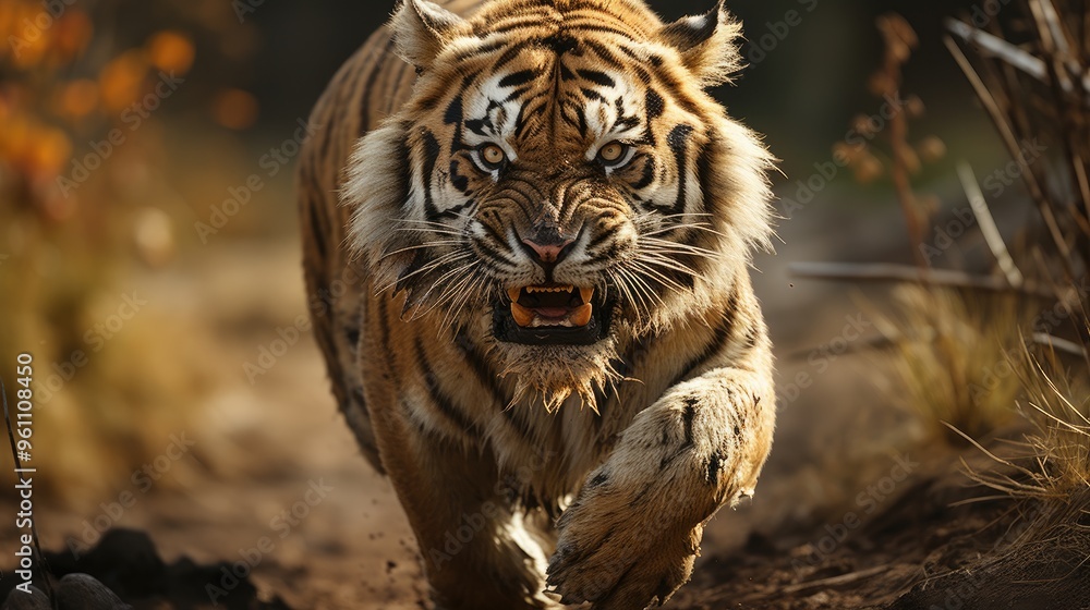 Fototapeta view of ferocious wild tiger in nature photo