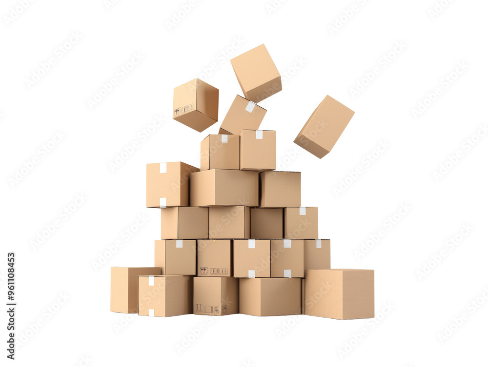 Piled cardboard boxes with some falling, symbolizing shipping and logistics Piled cardboard boxes with some falling, symbolizing shipping and logistics