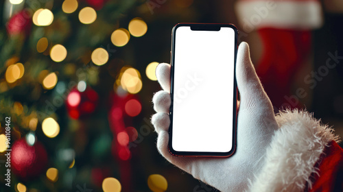 Santa Claus is holding a cell phone with a white blank screen. A mockup of a stylish fashionable phone on a blurred background of a Christmas tree. Happy New Year