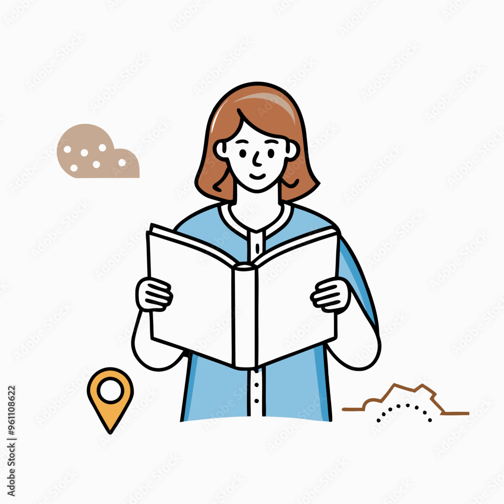 Woman reading book with travel icons in flat vector illustration Woman reading book with travel icons in flat vector illustration