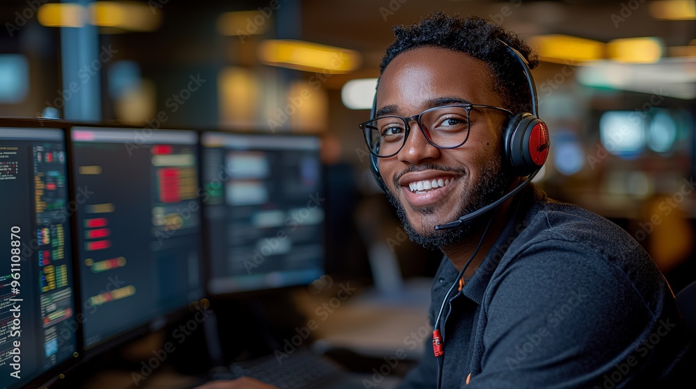 Fototapeta premium Smiling man working at customer service desk with headset
