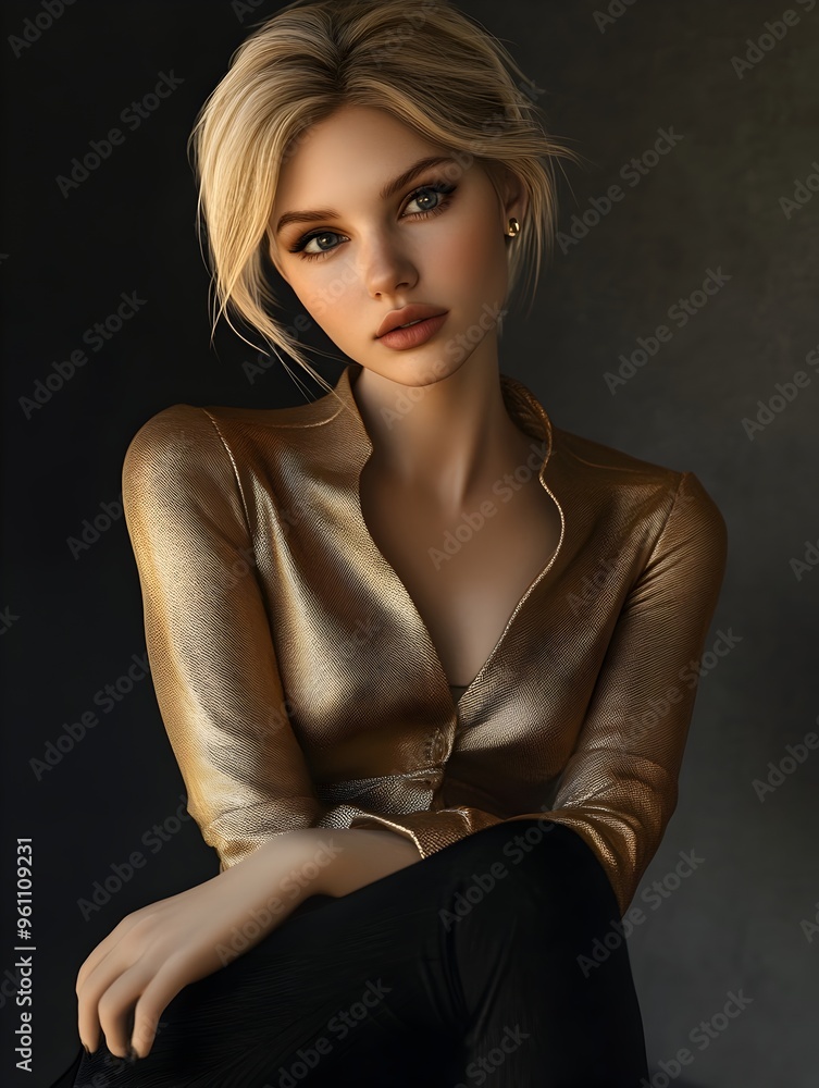 Naklejka premium Glamorous Fashion Influencer Modeling Chic Designer Clothing in Stylish Editorial Photoshoot