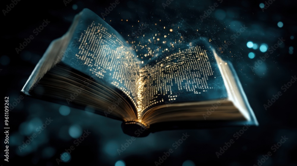 Fototapeta premium Magical Open Book with Glowing Text and Sparkles in a Dark Mystical Atmosphere