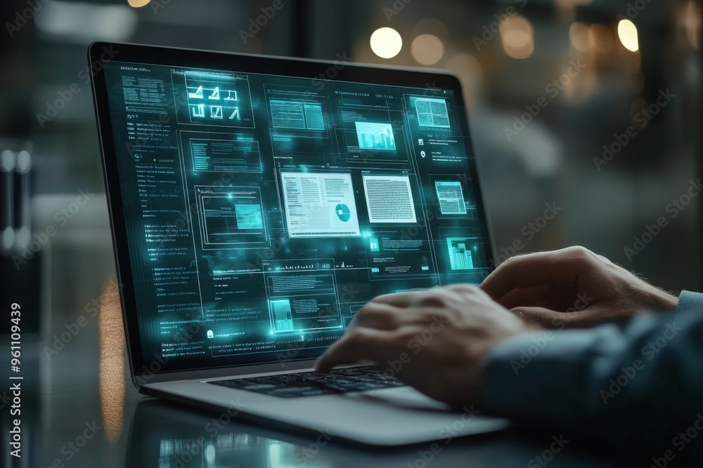 A man using a laptop with a digital document management system interface and documents icon on a transparent screen, representing the concept of business process integration. A man using a laptop with a digital document management system interface and documents icon on a transparent screen, representing the concept of business process integration.