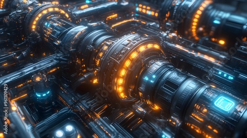 Futuristic Pipeline Network with Sleek Metallic Components and Glowing Energy Conduits